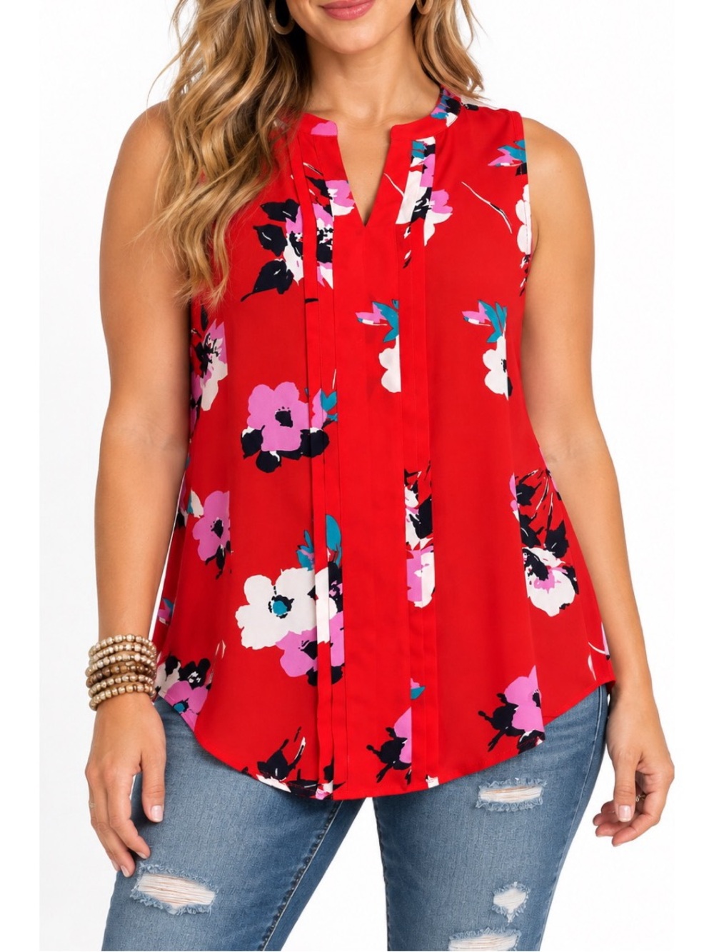 41 Hawthorn Red Breyson Pleat Detail Split Neck Blouse